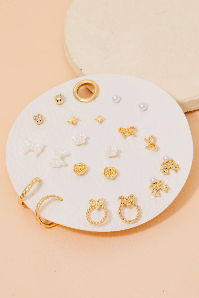 Heart Pearl Bow Butterfly Floral Stud And Hoop Earrings Set