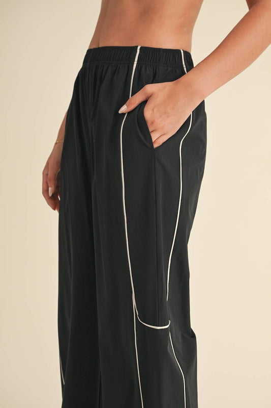 Black Nylon Track Pants with Contrast Piping