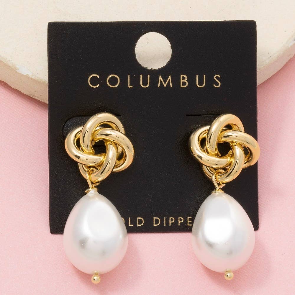 Gold Dipped Knot And Pearl Bead Stud Dangle Earrings