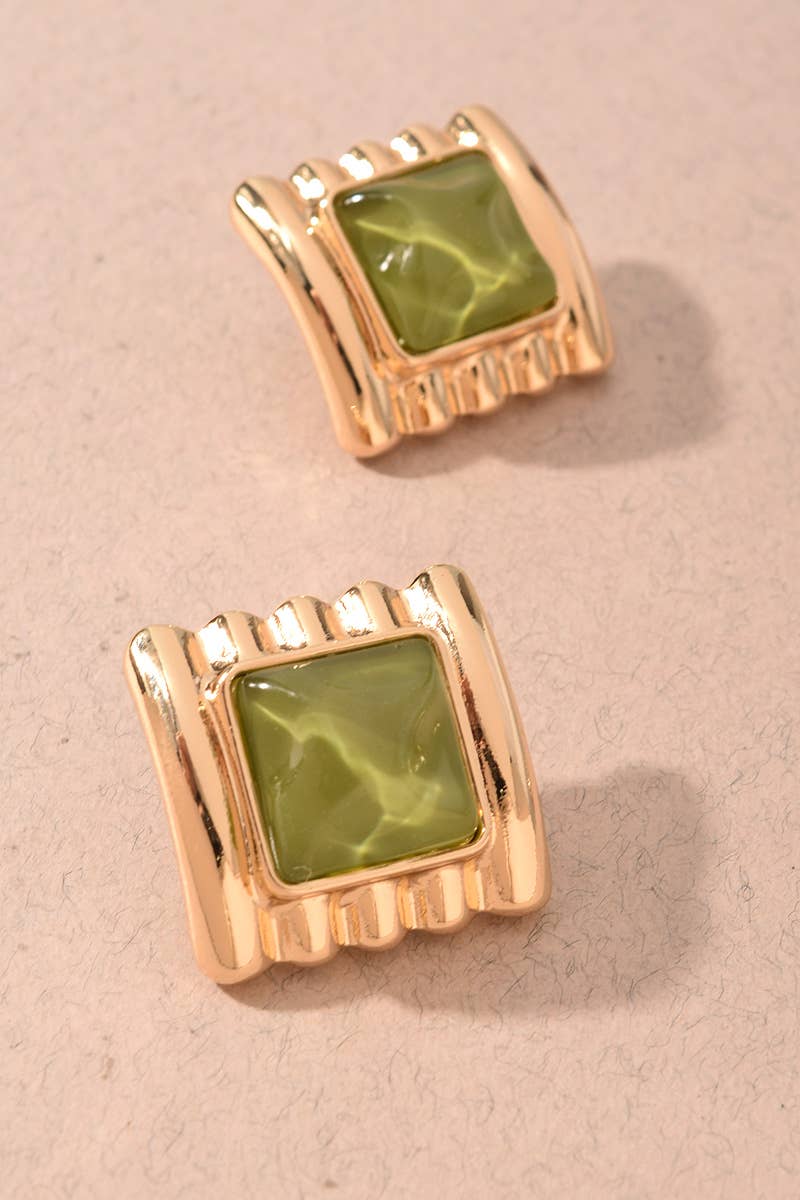 Olive Square Stone Textured Statement Stud Earrings