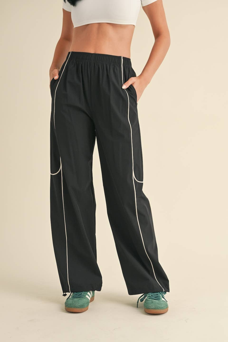 Black Nylon Track Pants with Contrast Piping