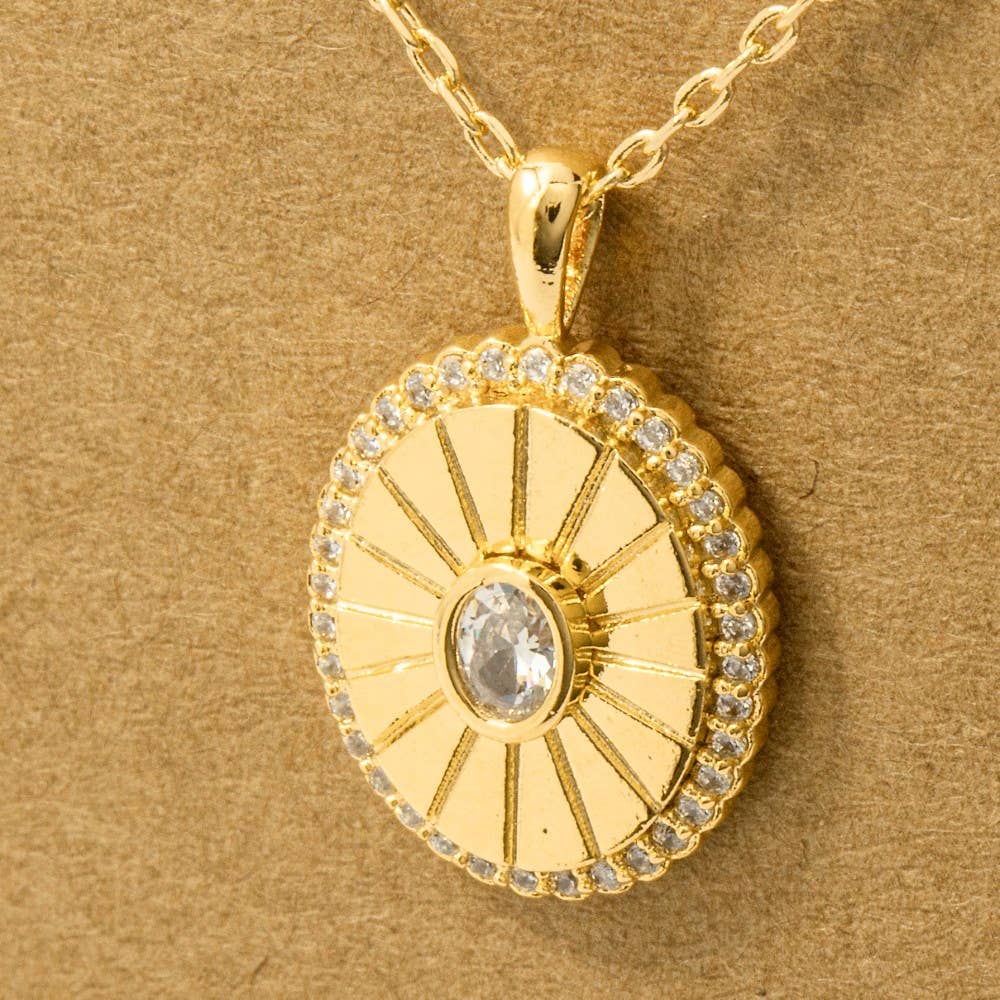 Gold Dipped Intricate Cz Halo Oval Pendant Necklace