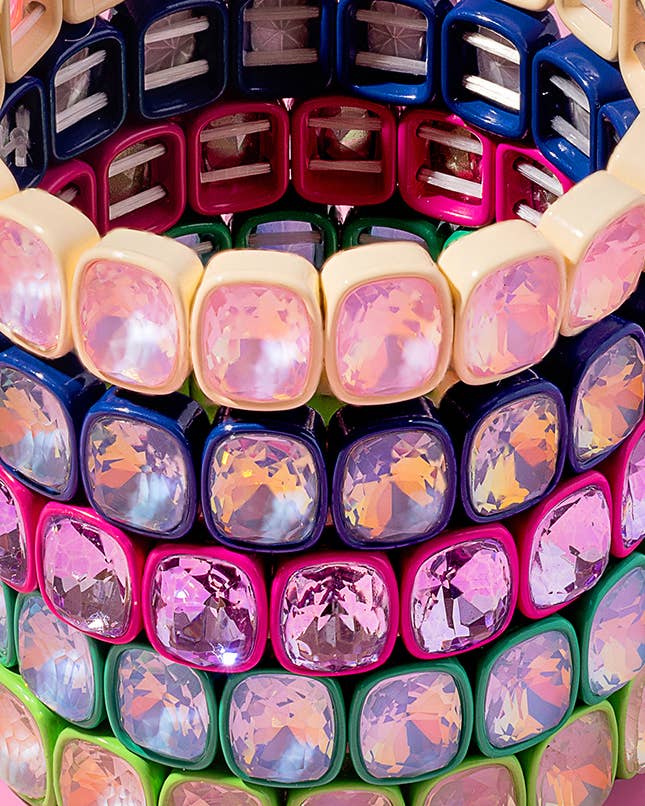 Layla Pink Enamel Stretch Bracelet Large Rectangle Stones