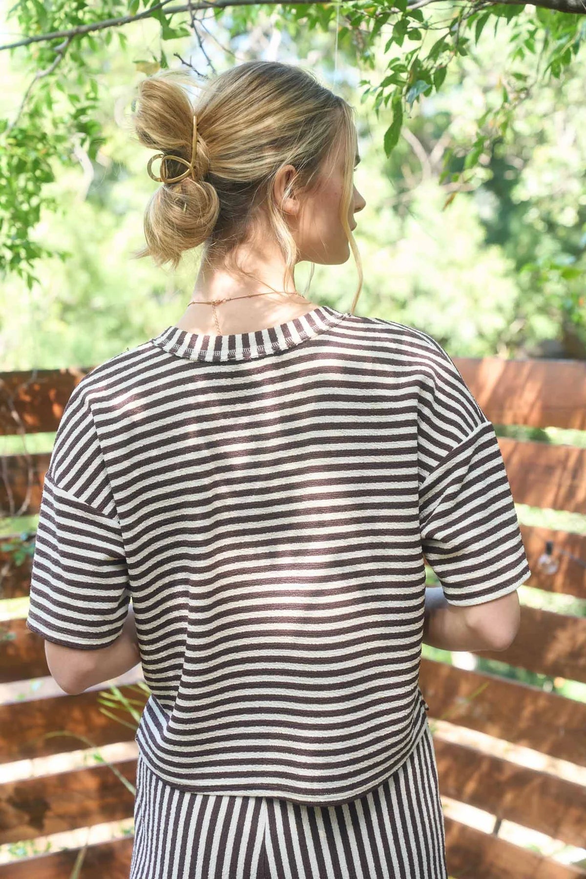 Brown Stripe Short Sleeve Boxy Knit Tee