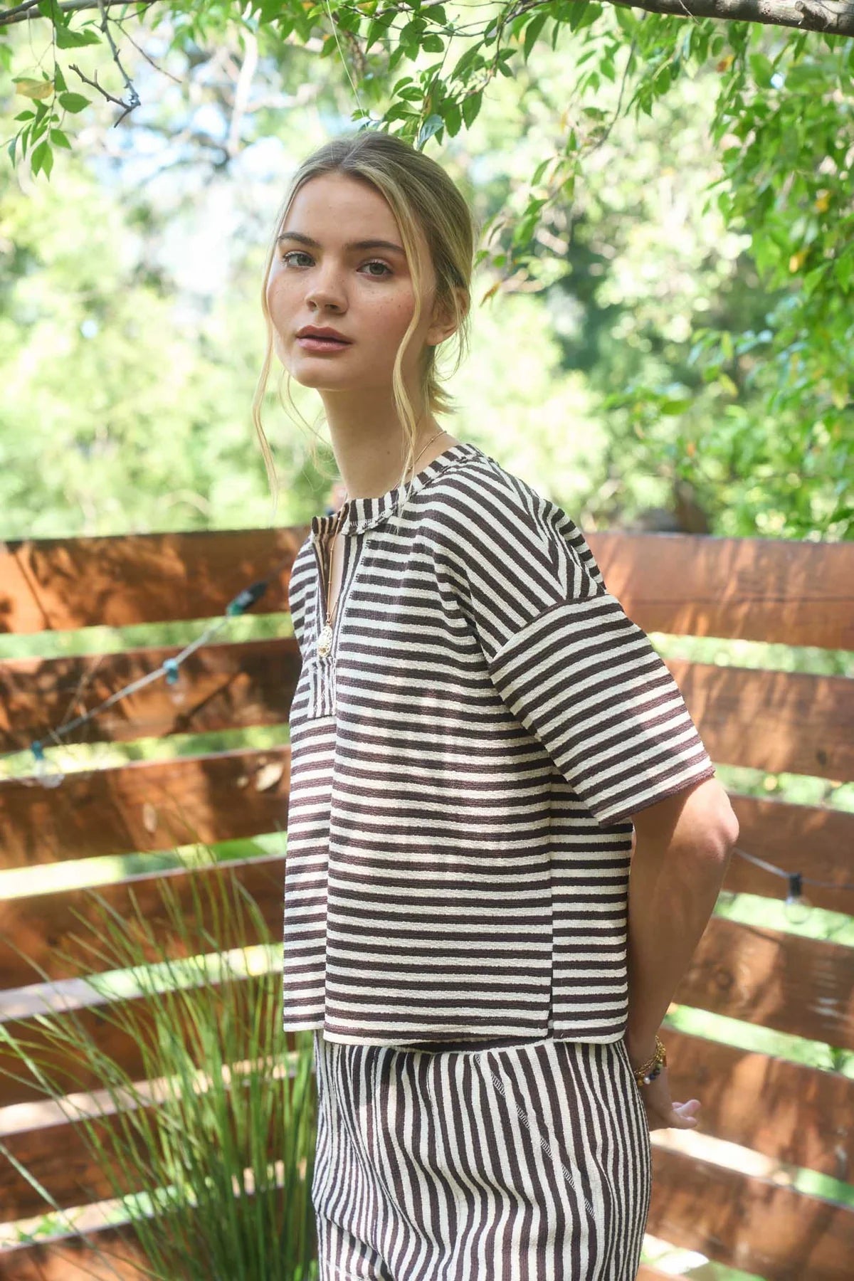 Brown Stripe Short Sleeve Boxy Knit Tee