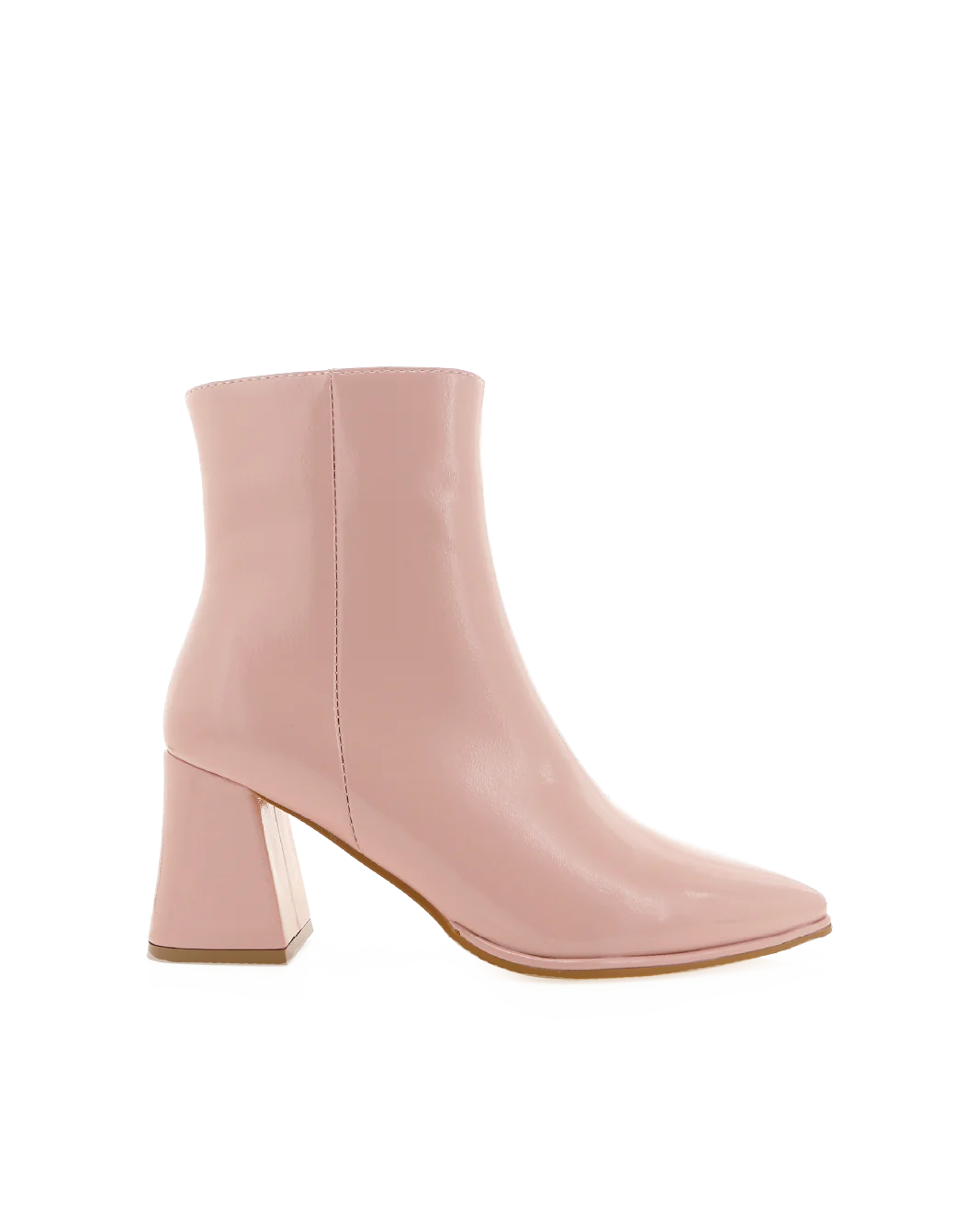 a pink ankle high boot with a block heel