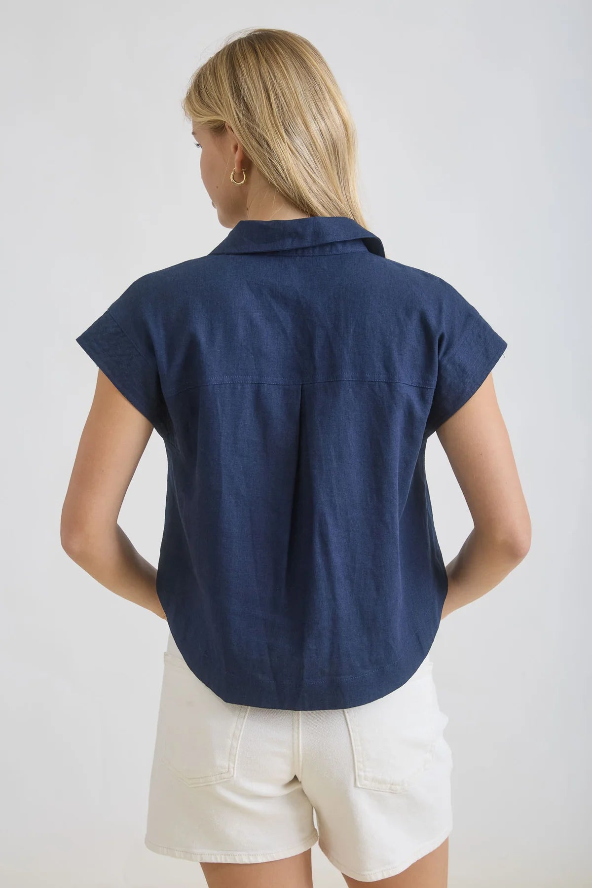 Navy Way Linen Button Down Top