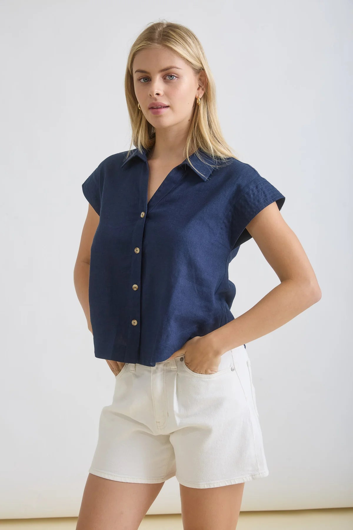 Navy Way Linen Button Down Top