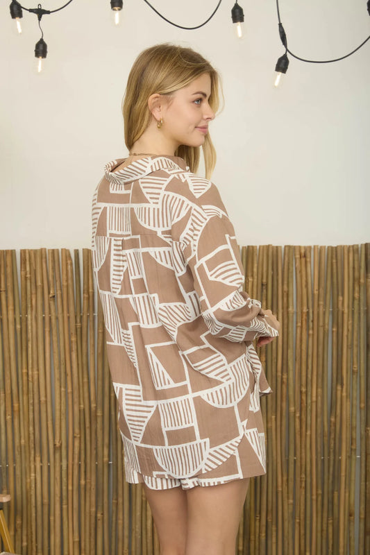 Mocha Abstract Button Up