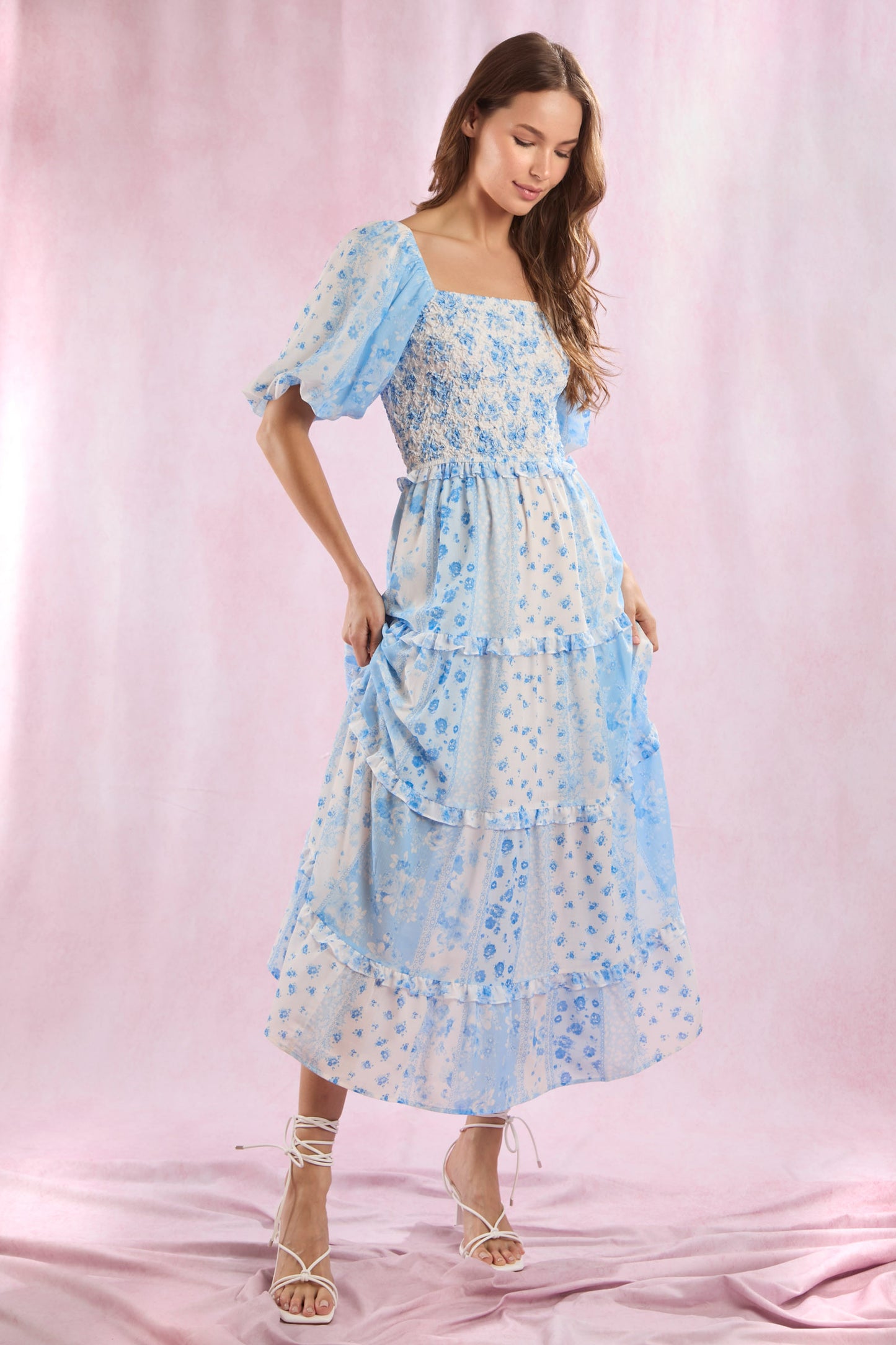 Patchwork Bubble Sleeve Maxi Dress