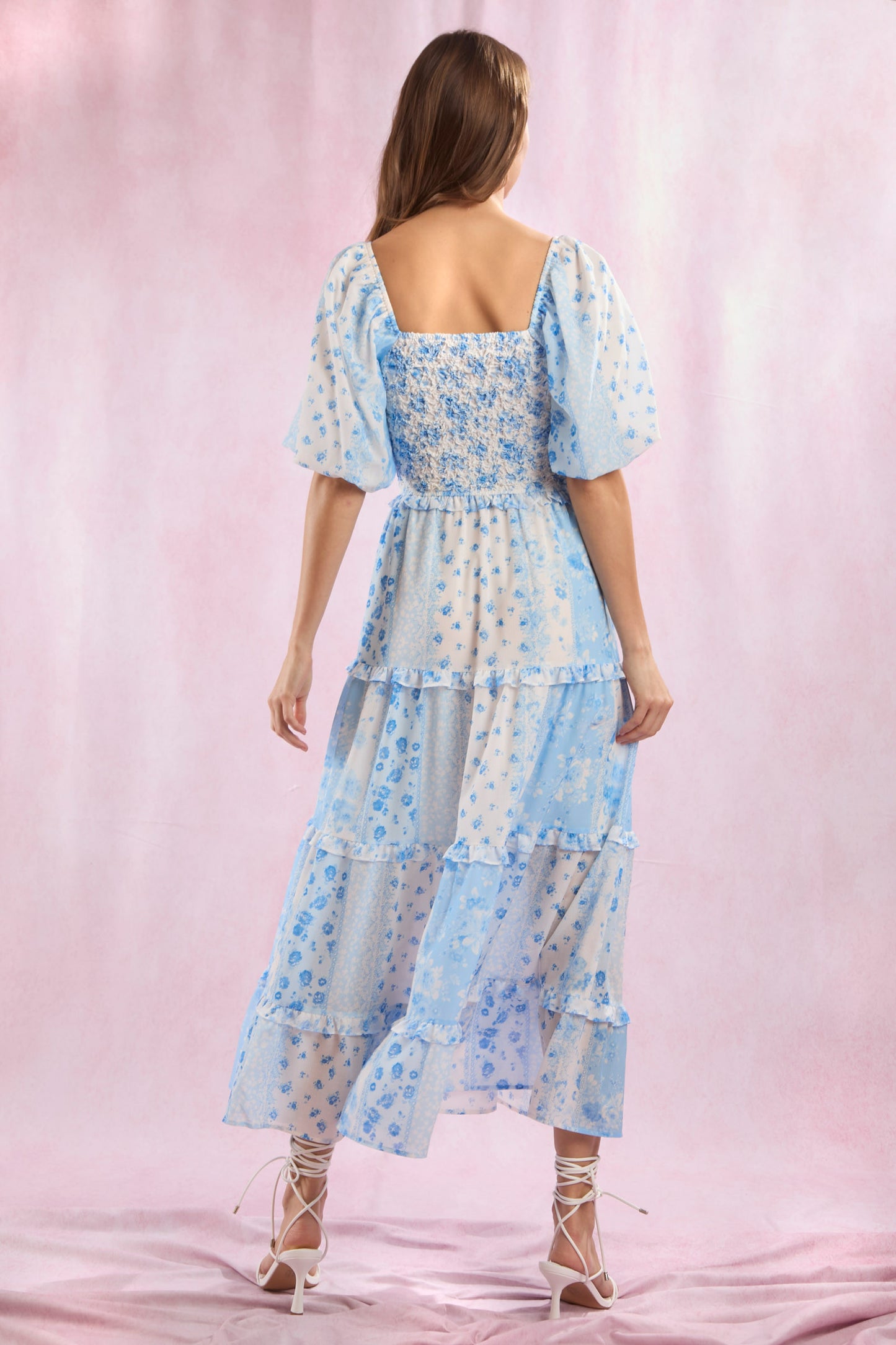 Patchwork Bubble Sleeve Maxi Dress