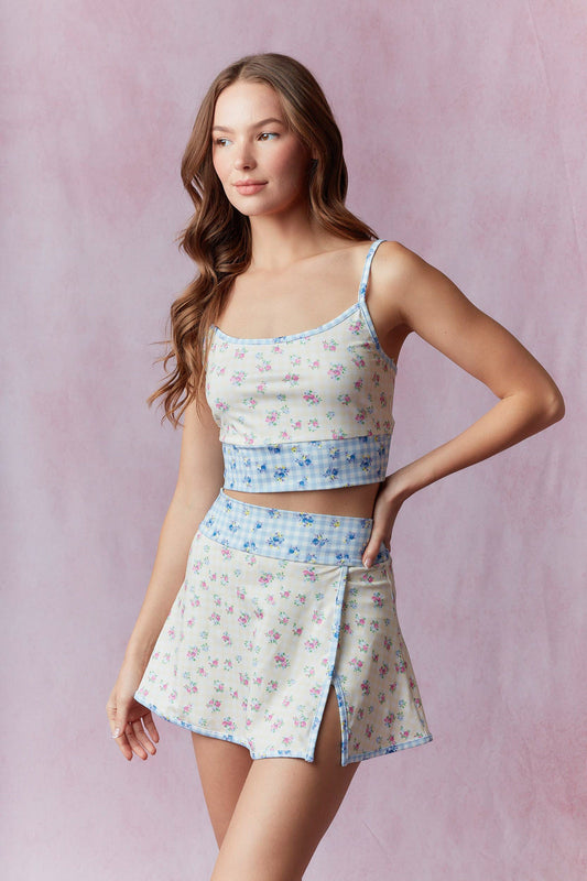 Gingham Floral Print Patchwork Sporty Mini Skort