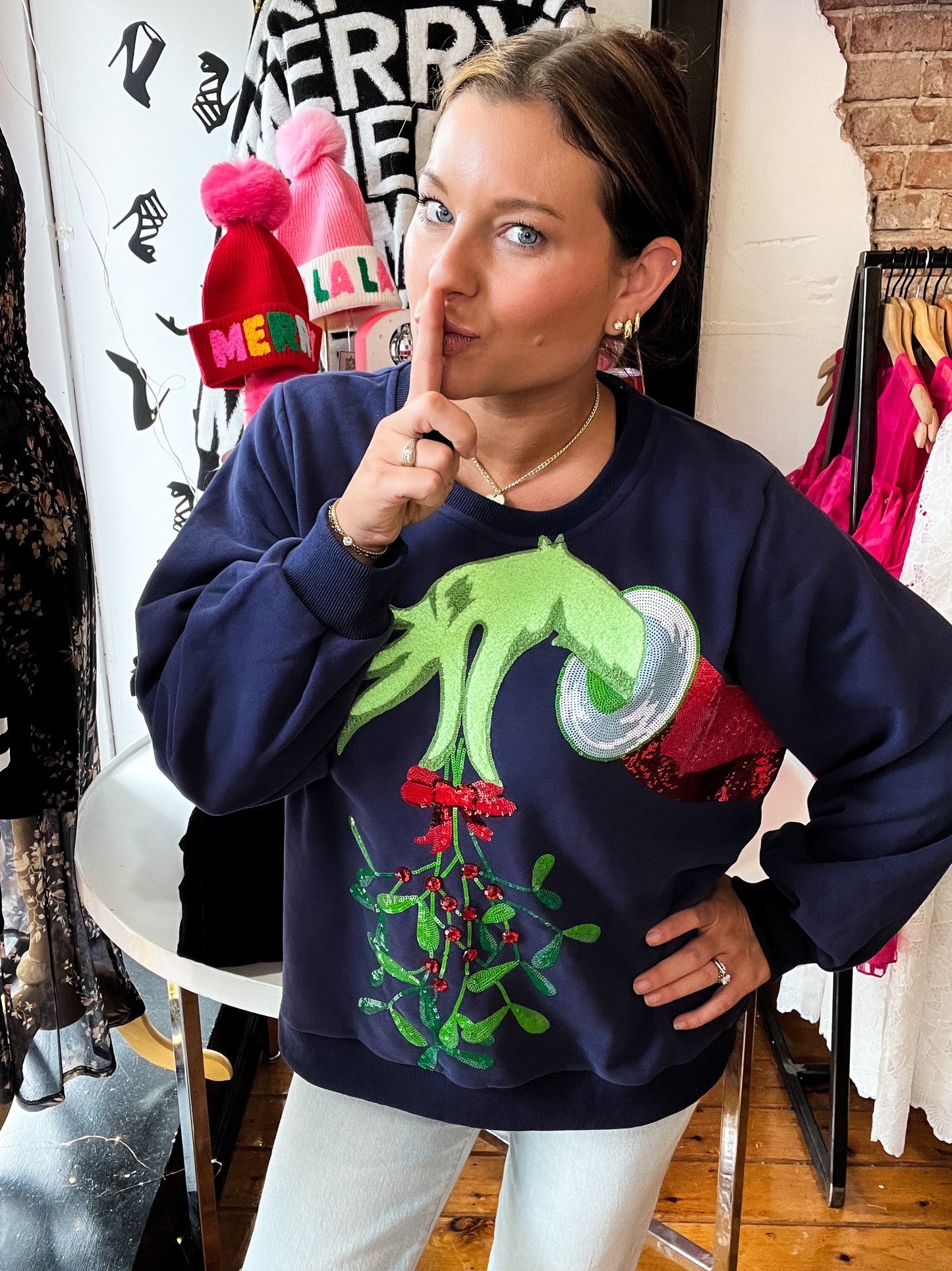 Navy Grinch Mistletoe Hand Sweatshirt