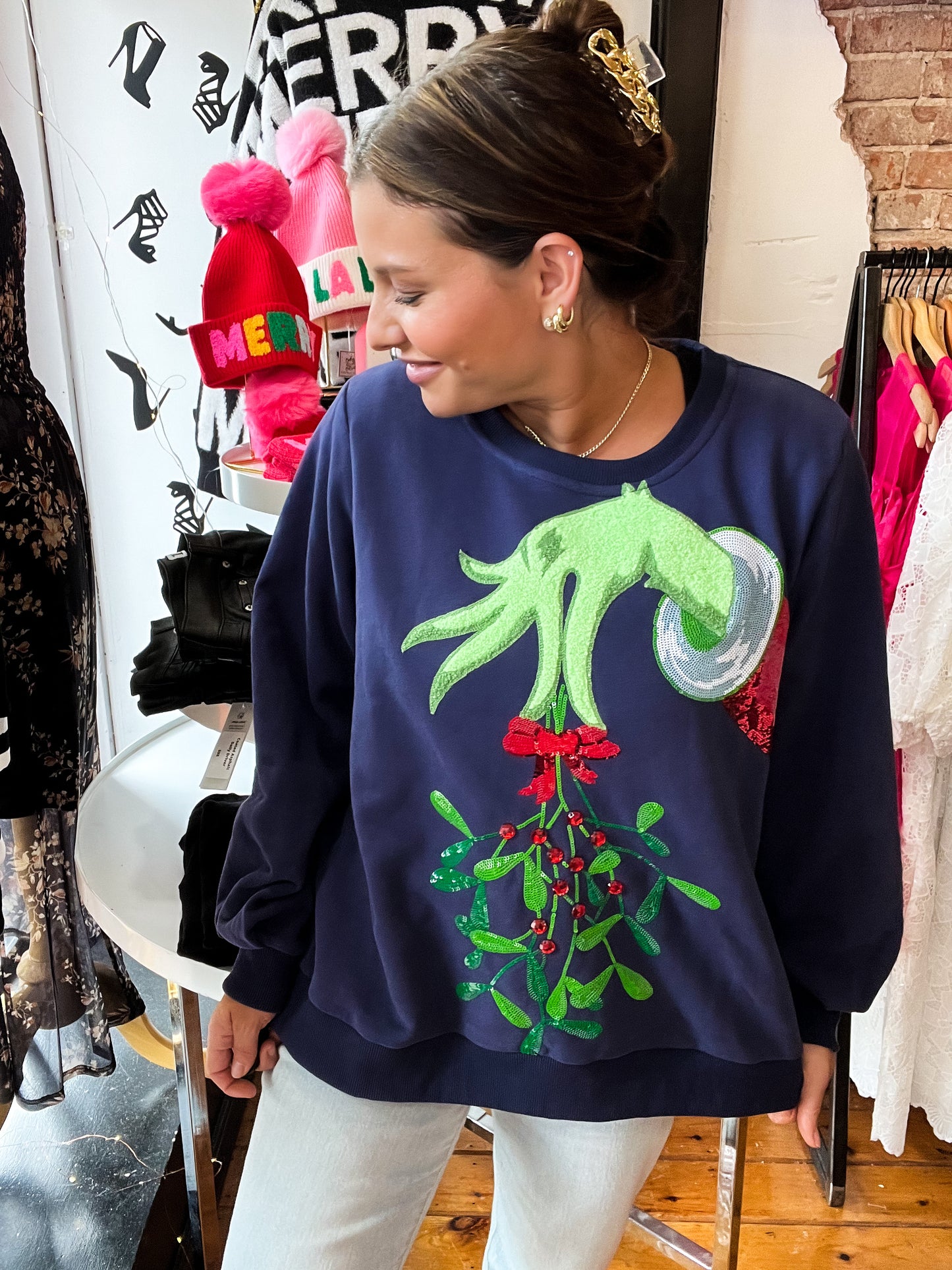 Navy Grinch Mistletoe Hand Sweatshirt