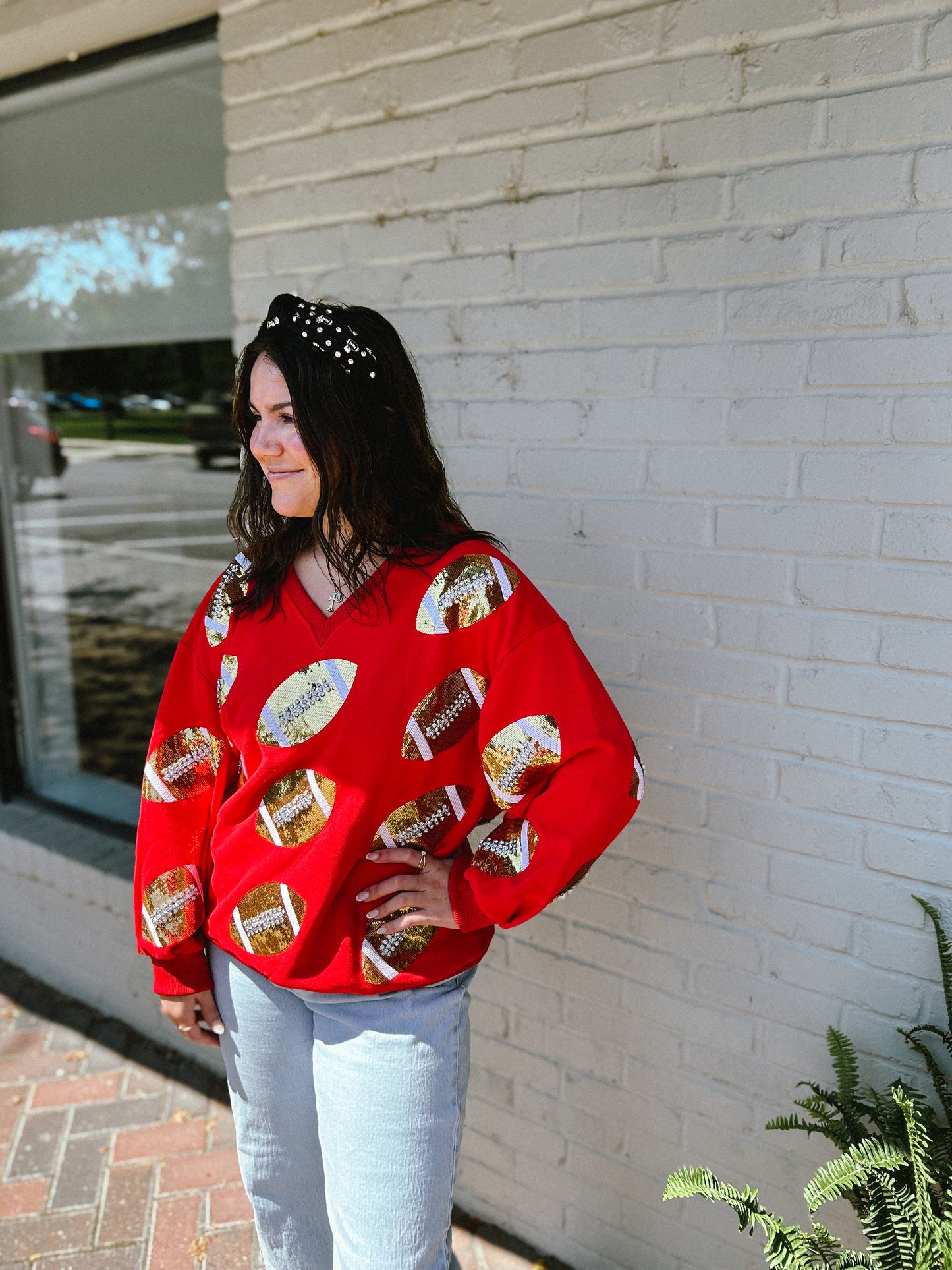 Sudadera de fútbol con encaje de diamantes de imitación en rojo y dorado