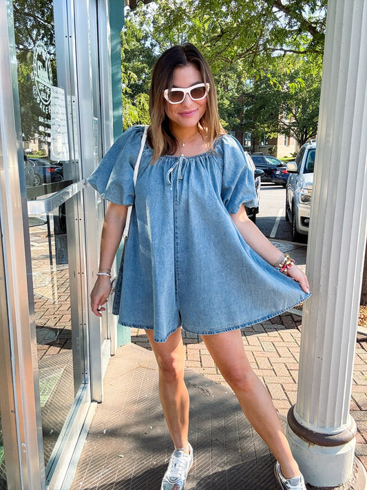 Karrie Denim Puff Sleeve Babydoll Romper