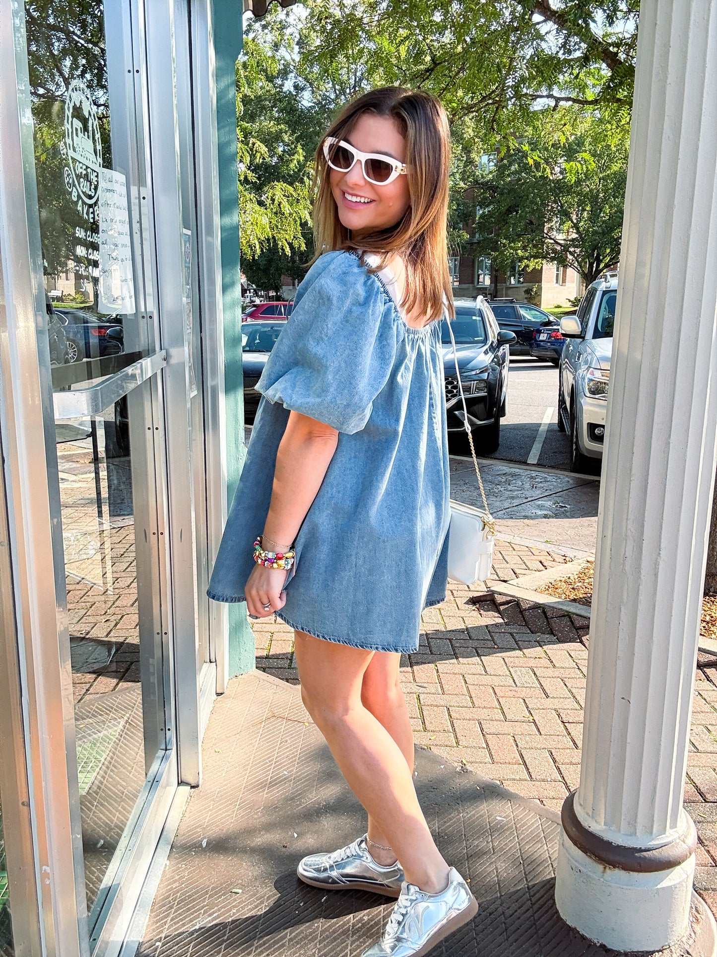 Karrie Denim Puff Sleeve Babydoll Romper