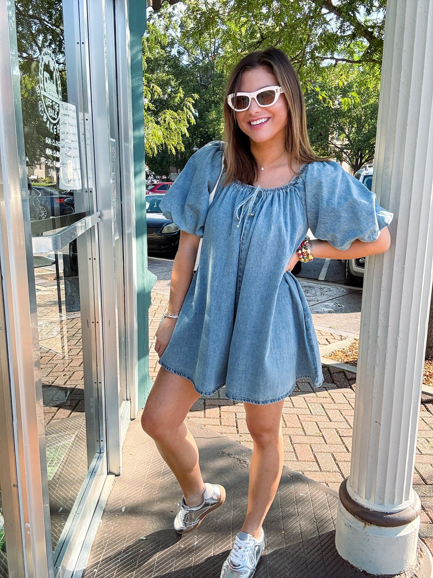 Karrie Denim Puff Sleeve Babydoll Romper