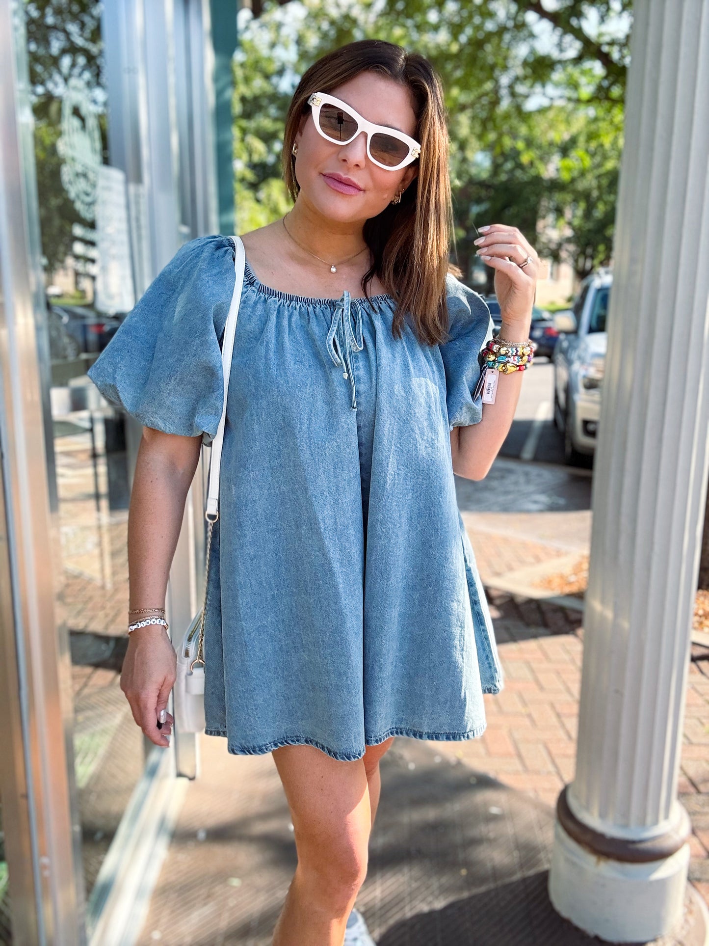 Karrie Denim Puff Sleeve Babydoll Romper