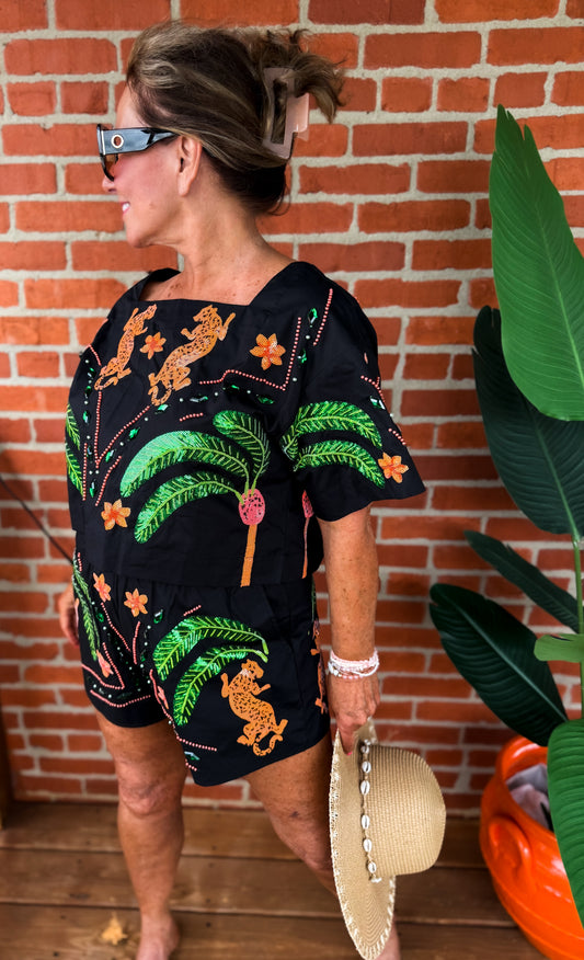 Black Palm Tree & Jaguar Shorts