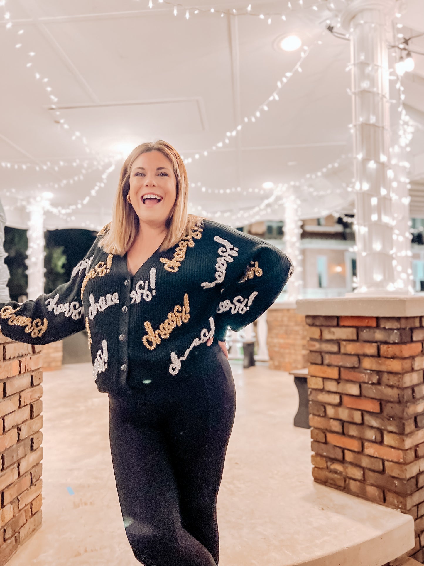 Cheers All Over Glitter Script Cardigan