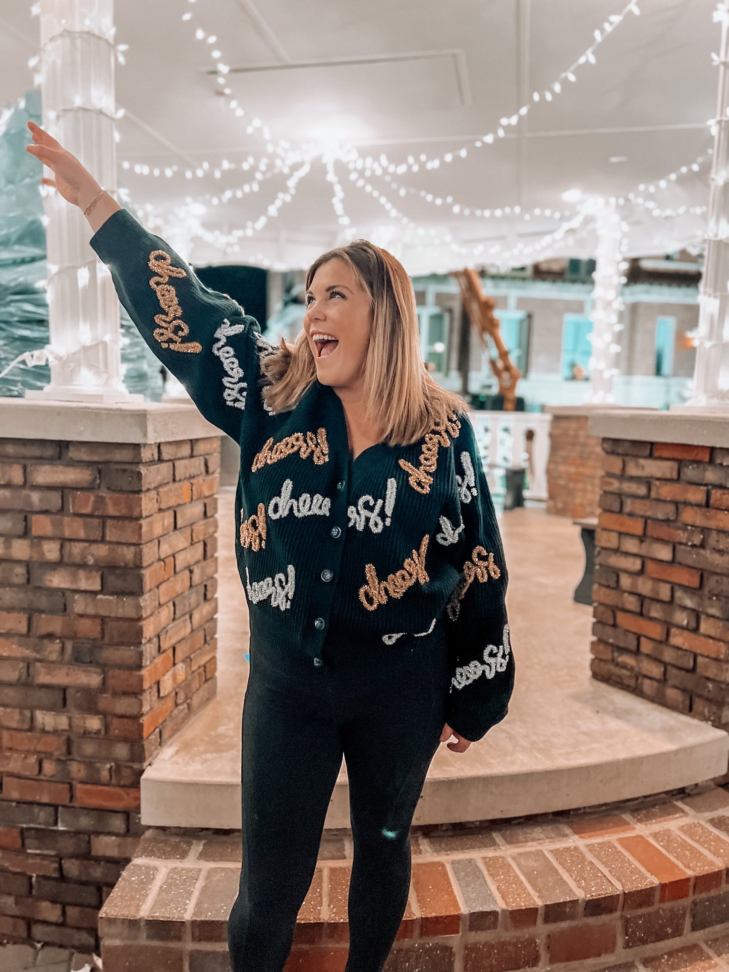 Cheers All Over Glitter Script Cardigan