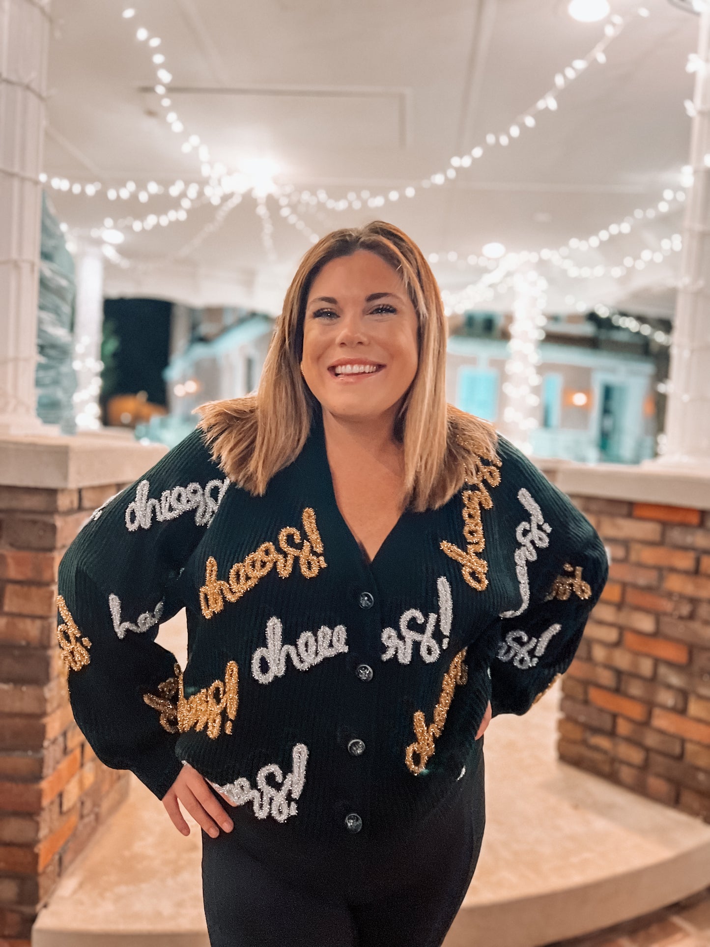 Cheers All Over Glitter Script Cardigan