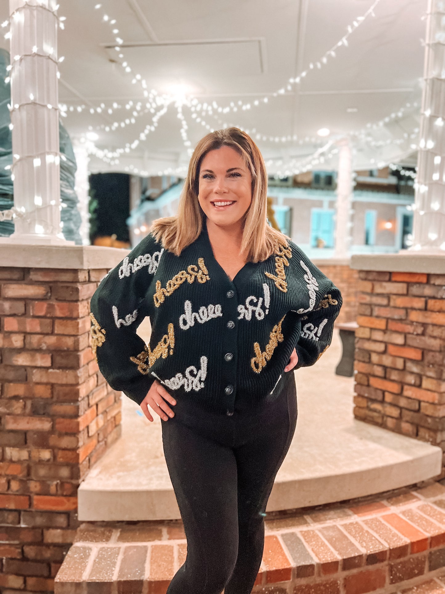 Cheers All Over Glitter Script Cardigan