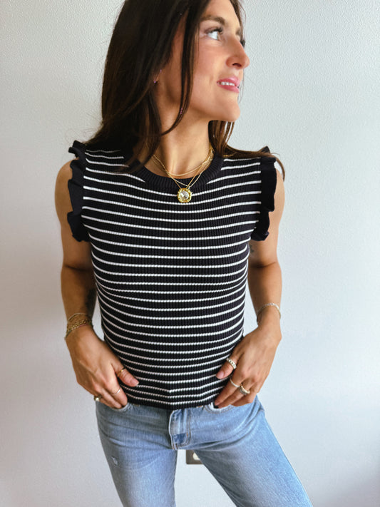 Stripe Ruffle Trim Sleeveless Sweater Tank