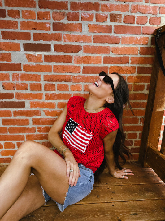 American Flag Crochet Knit Sweater Top