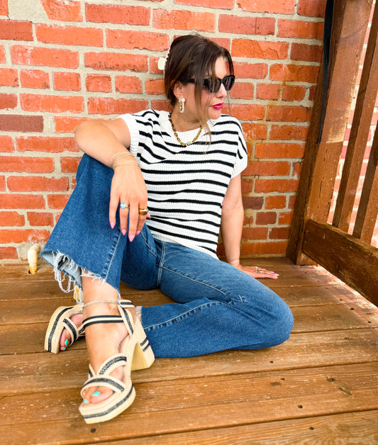 Stripe Crew Neck Short Sleeve Knit Pullover