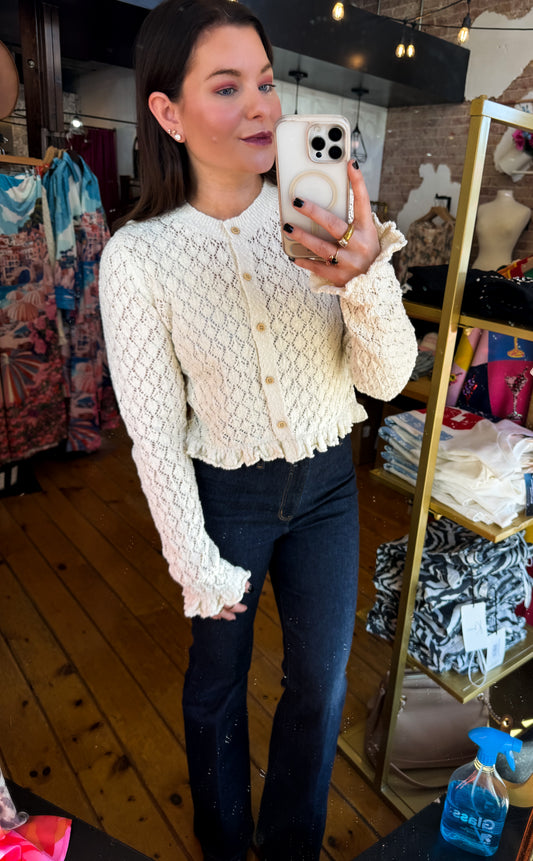 Eyelet Knit Ruffle Hem Cardigan