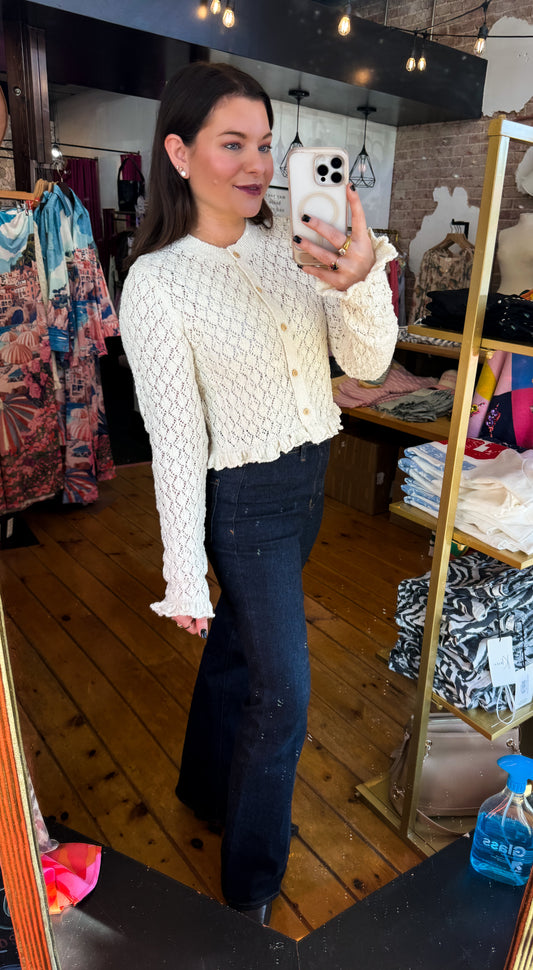 Eyelet Knit Ruffle Hem Cardigan