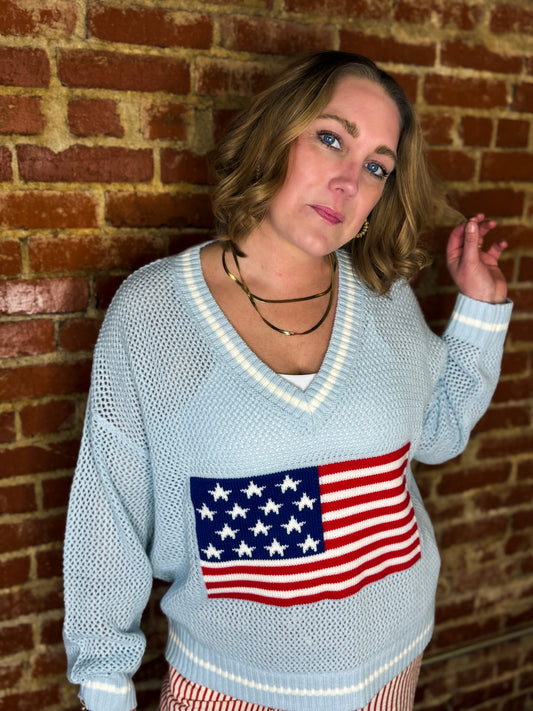 American Flag V-Neck Knit Sweater