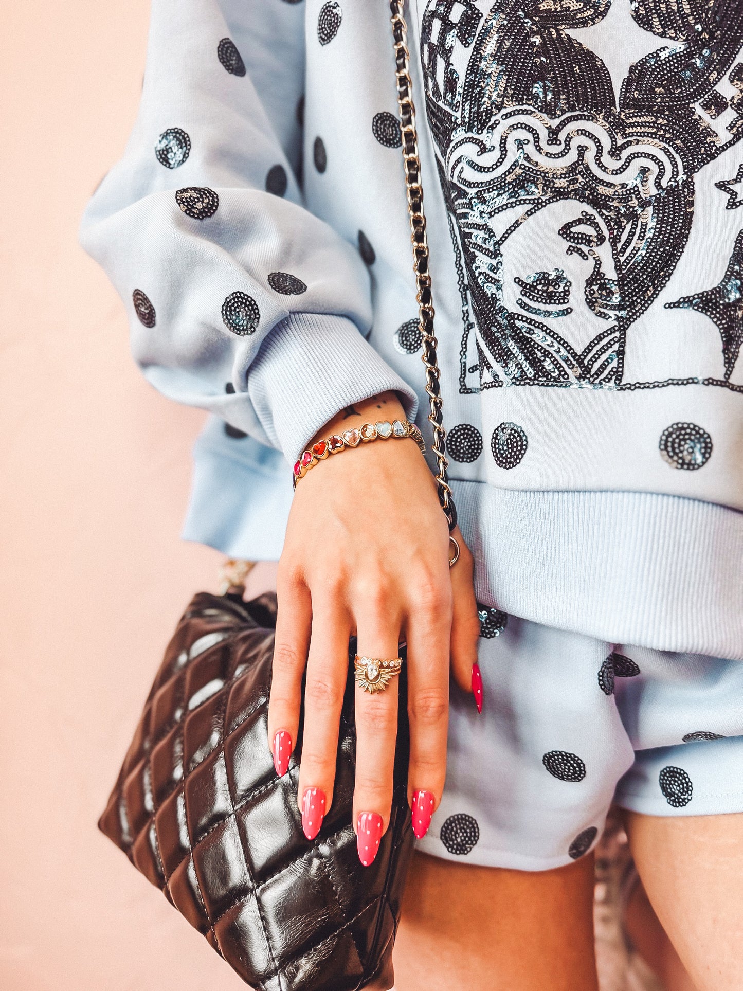 Pale Blue Polka Dot QOS Card Logo Mock Neck Sweatshirt