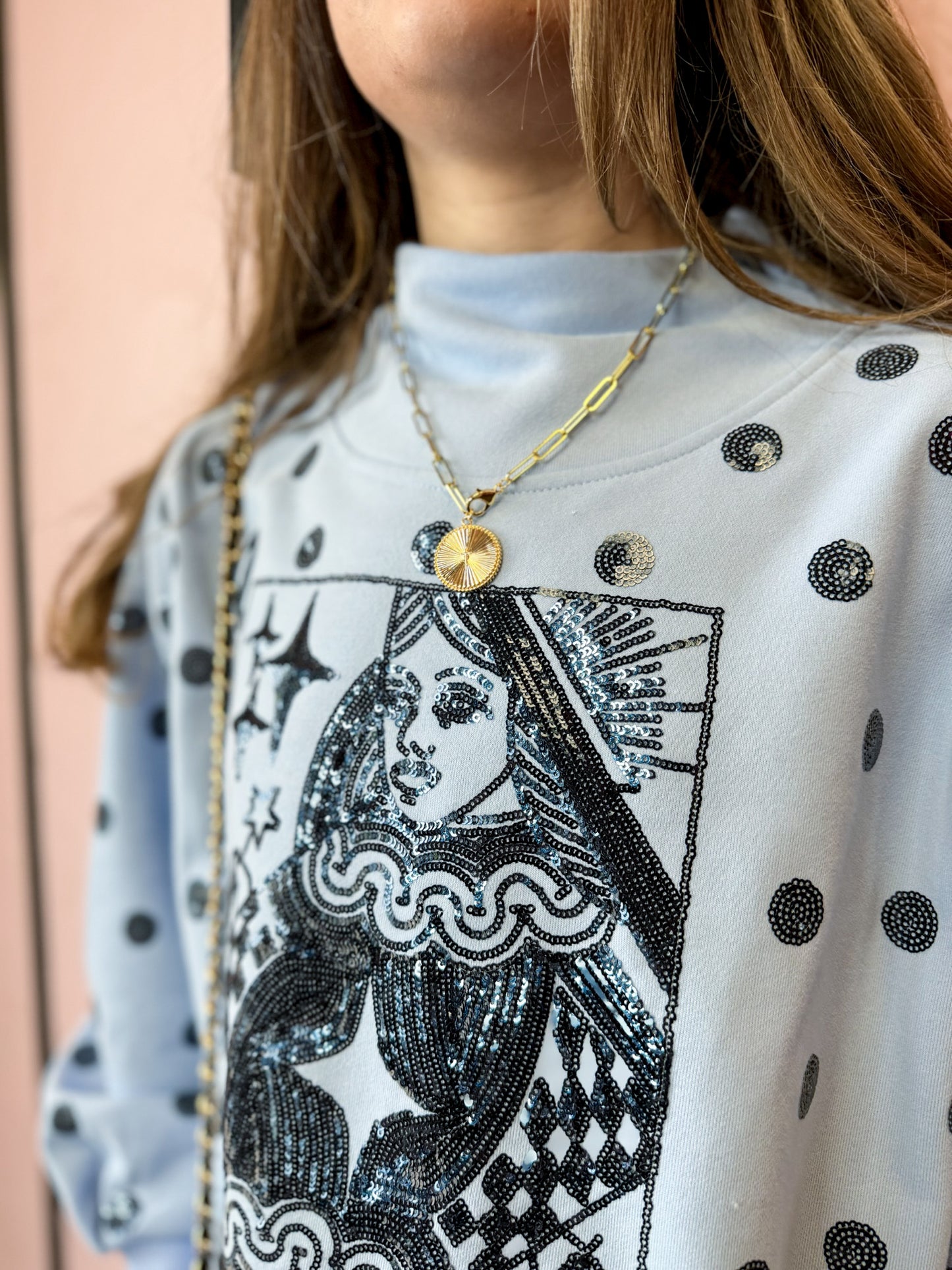 Pale Blue Polka Dot QOS Card Logo Mock Neck Sweatshirt