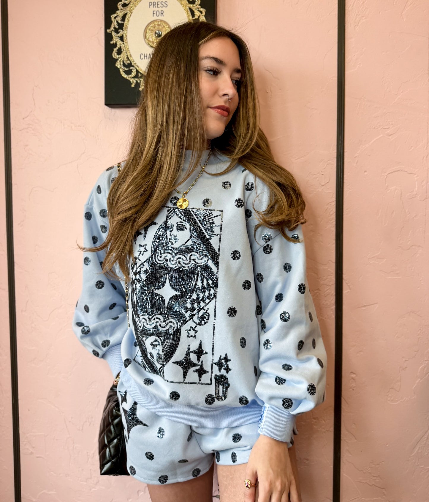 Pale Blue Polka Dot QOS Card Logo Mock Neck Sweatshirt