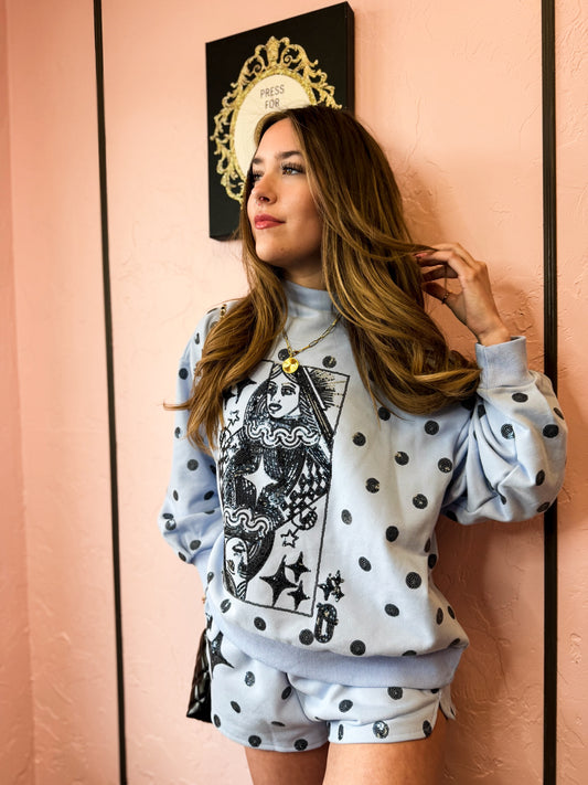 Pale Blue Polka Dot QOS Card Logo Mock Neck Sweatshirt