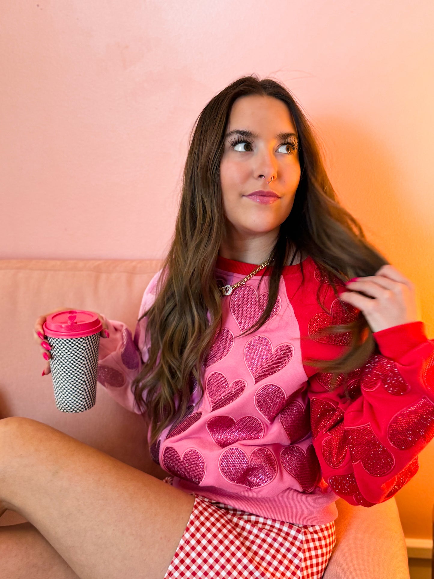 Colorblock Rhinestone Hearts Sweatshirt