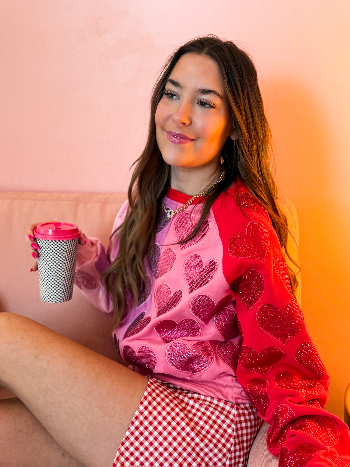 Colorblock Rhinestone Hearts Sweatshirt