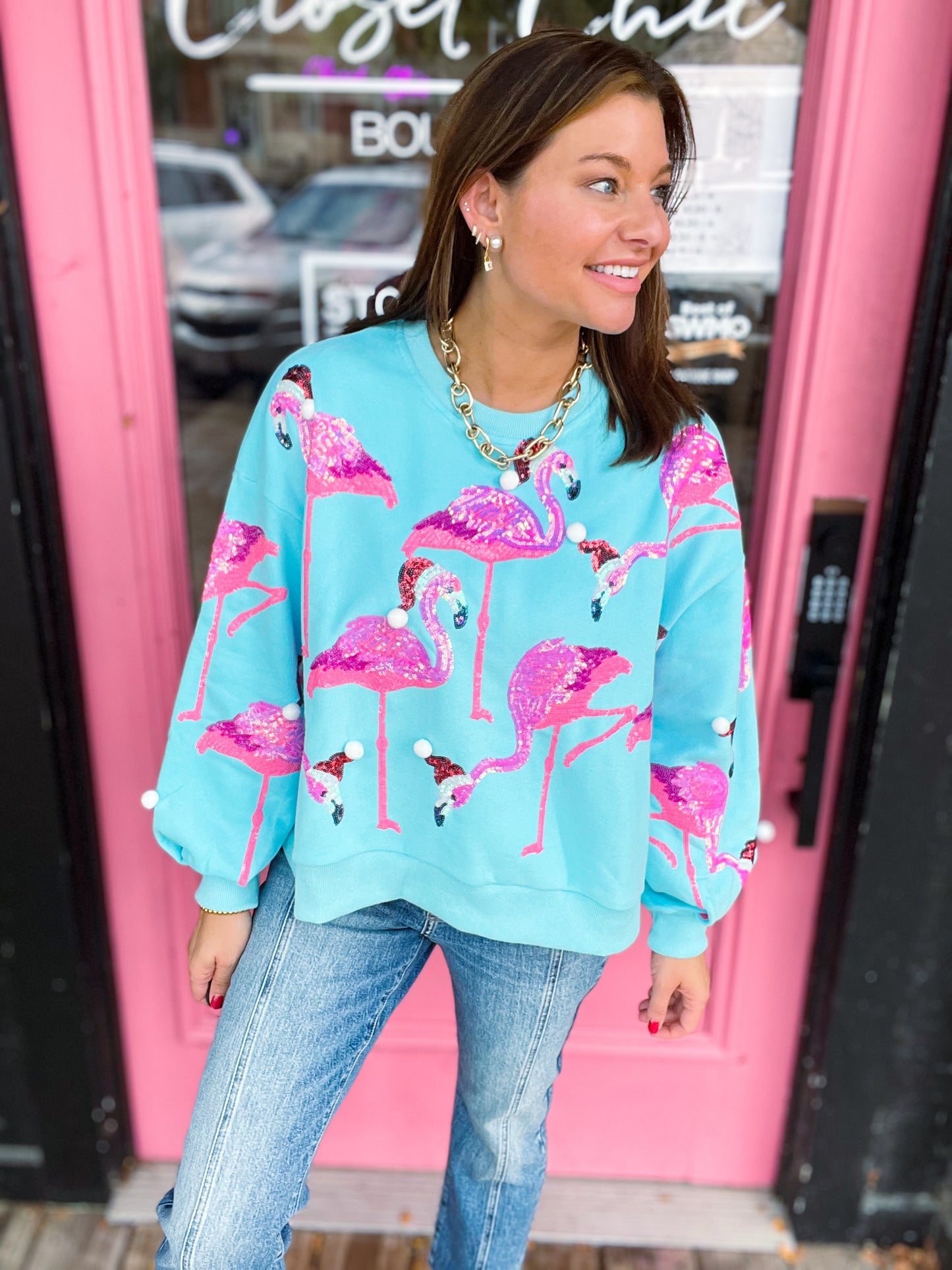 Aqua Flamingos in Santa Hats Sweatshirt