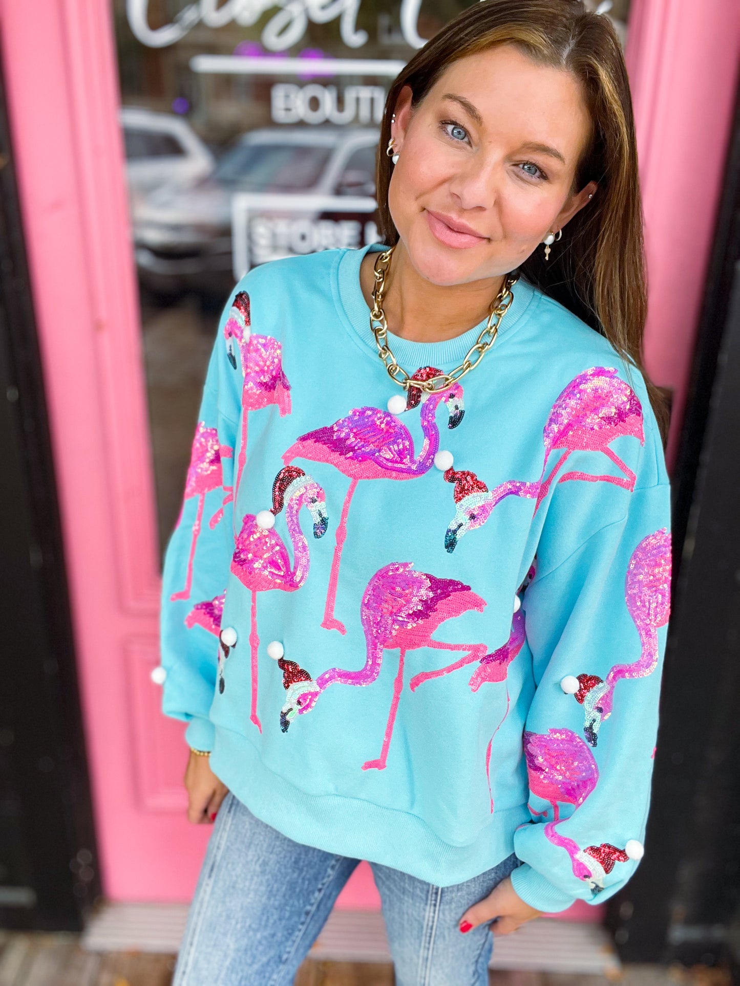 Aqua Flamingos in Santa Hats Sweatshirt