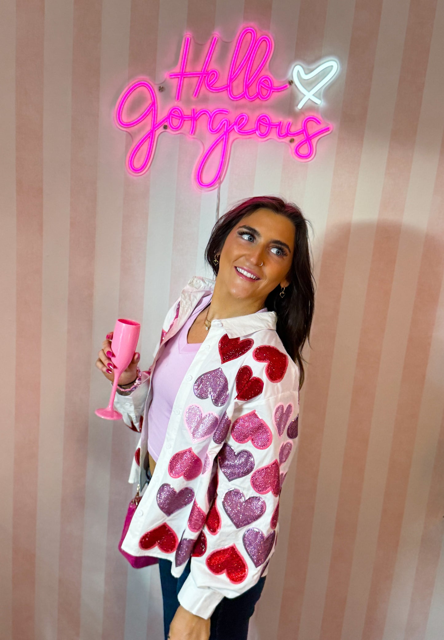 Rhinestone Hearts Button Up