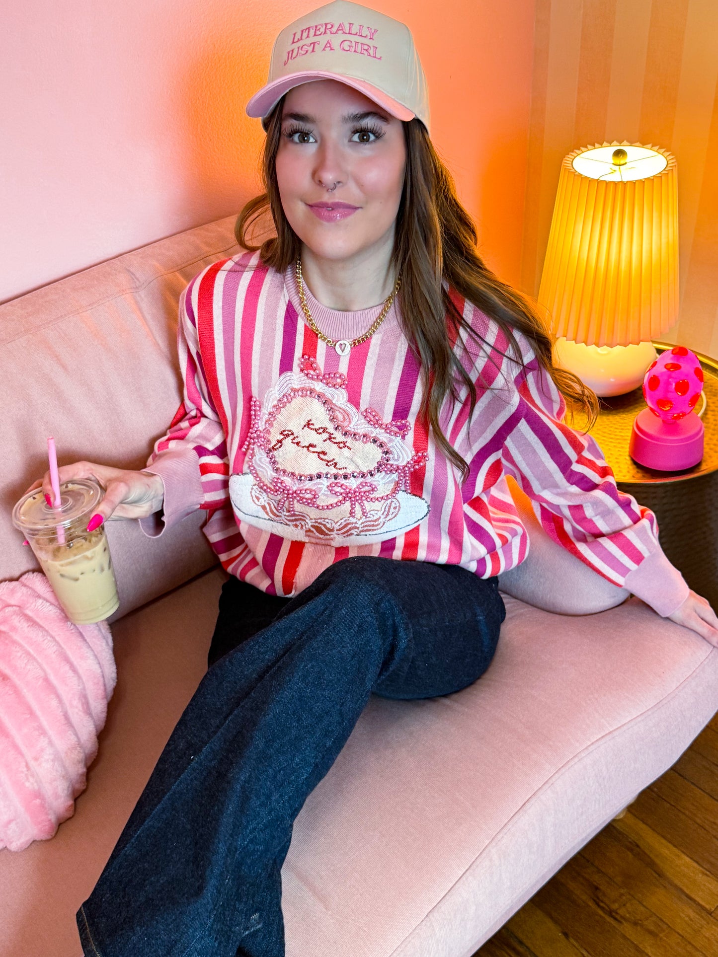 Pink Striped XOXO Queen Heart Cake Sweater