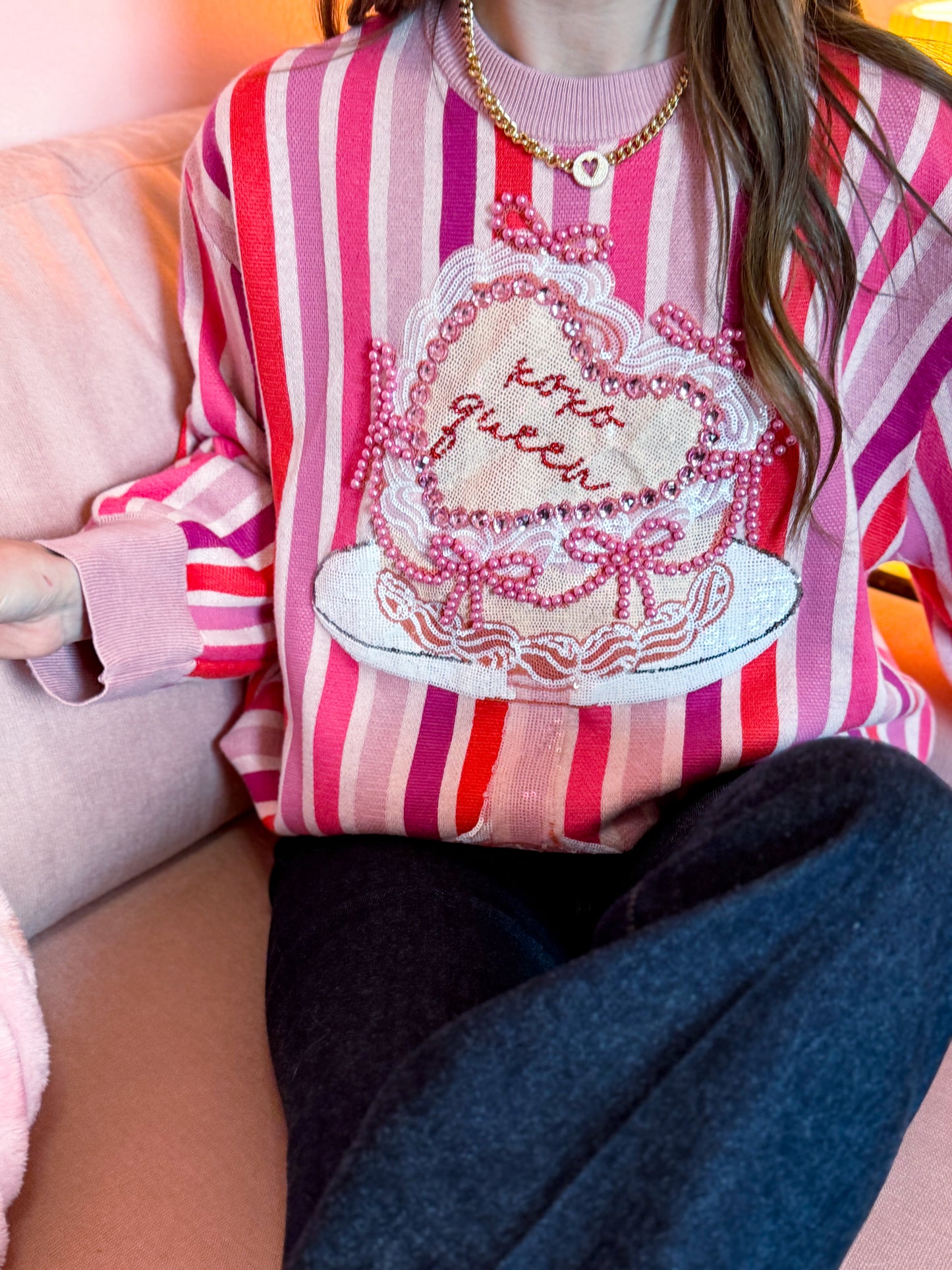 Pink Striped XOXO Queen Heart Cake Sweater