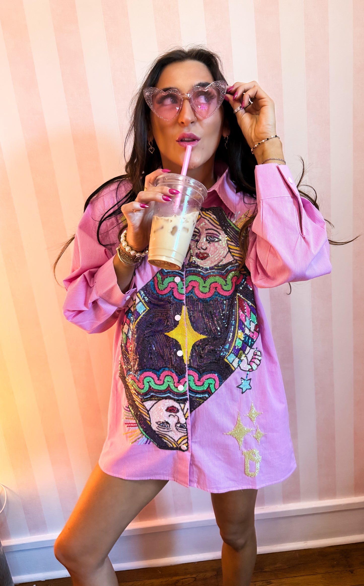 Pink Queen Card Button Up Collar Tunic