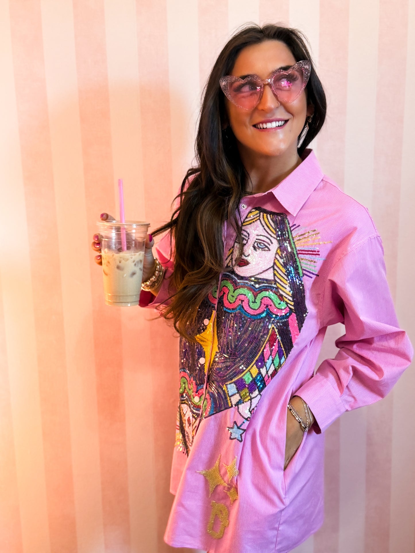 Pink Queen Card Button Up Collar Tunic