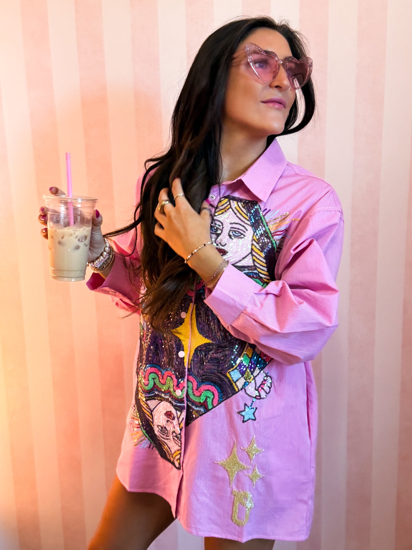 Pink Queen Card Button Up Collar Tunic