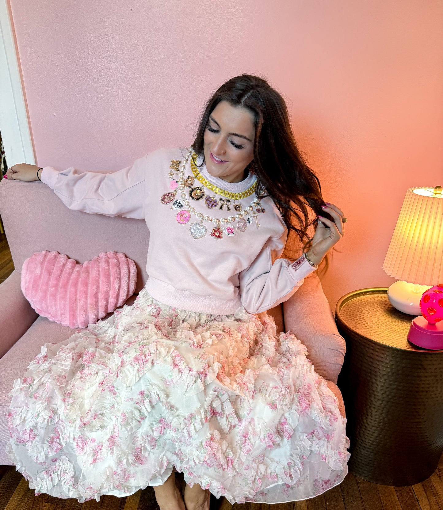 Pink Pearl & Chain VDay Charm Necklace Sweatshirt