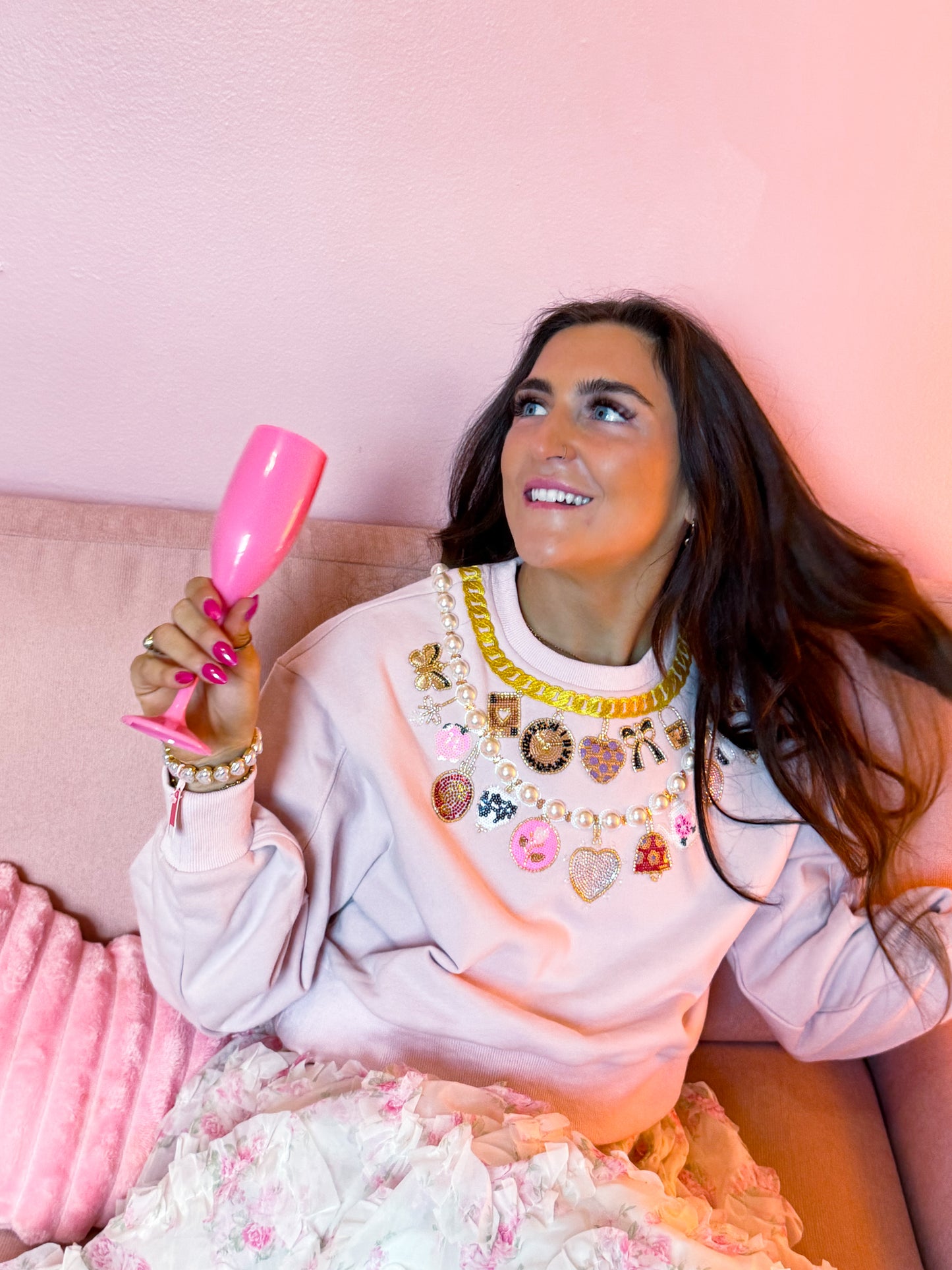 Pink Pearl & Chain VDay Charm Necklace Sweatshirt